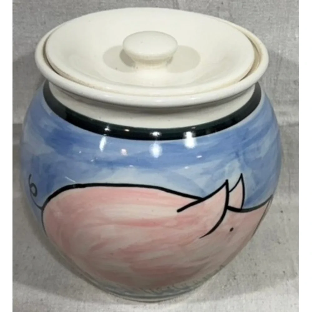 Karen Donleavy Stoneware Cookie Jar Hand Painted Pink Pig Studio Pottery 8x8